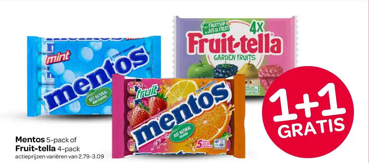 Mentos 5-pack of Fruit-tella 4-pack 1+1 GRATIS