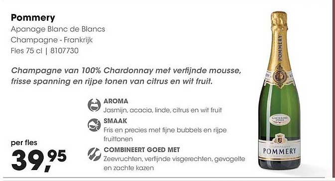 Pommery Apanage Blanc de Blancs Champagne - Frankrijk Fles 75 cl | 8107730
