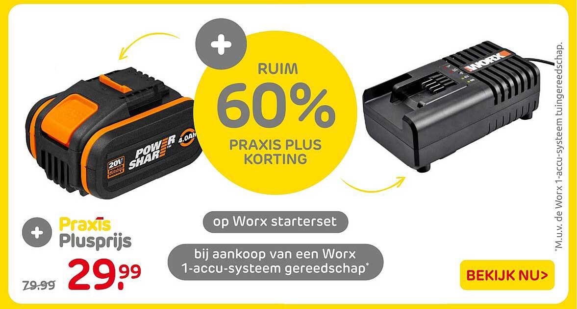 Praxis Plusprijs op Worx startersset bij aankoop van een Worx 1-accu-systeem gereedschap*