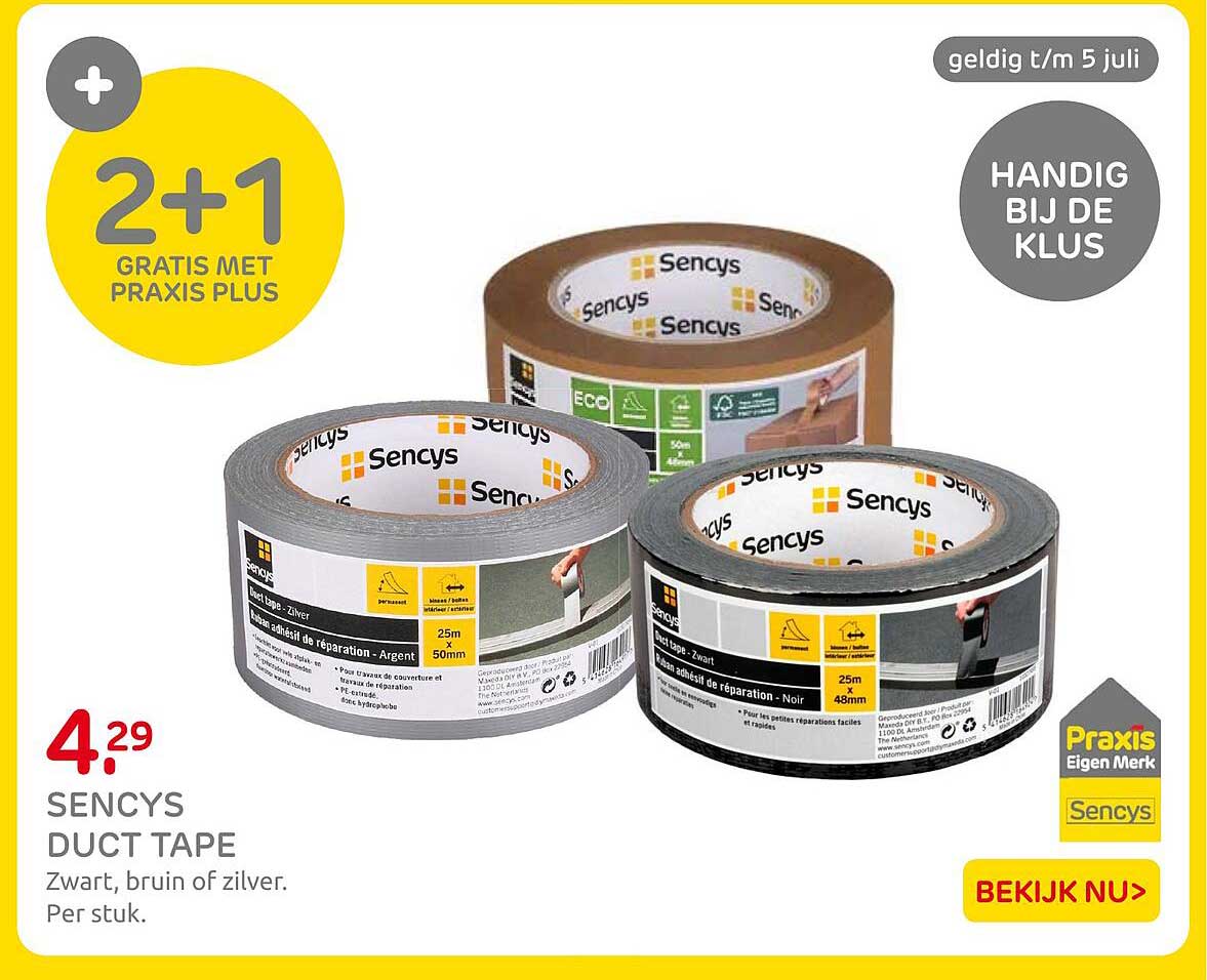 Sencys DUCT TAPE Zwart, bruin of zilver. Per stuk. 2+1 gratis met Praxis Plus