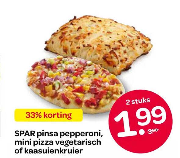 SPAR pinsa pepperoni, mini pizza vegetarisch of kaasuiënkruier 2 stuks 33% korting