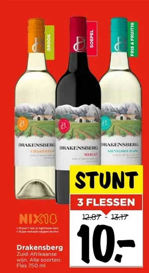 Drakensberg Zuid-Afrikaanse wijn - 3 flessen voor €10,-