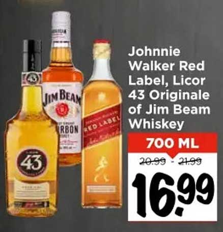 Johnnie Walker Red Label, Licor 43 Originale of Jim Beam Whiskey