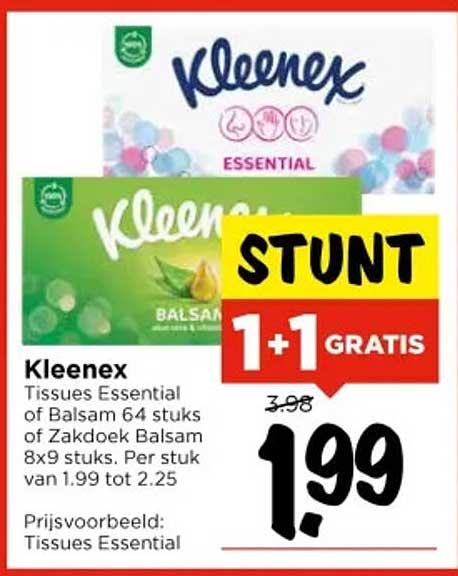 Kleenex Tissues Essential of Balsam 64 stuks of Zakdoek Balsam 8x9 stuks. Per stuk van 1.99 tot 2.25