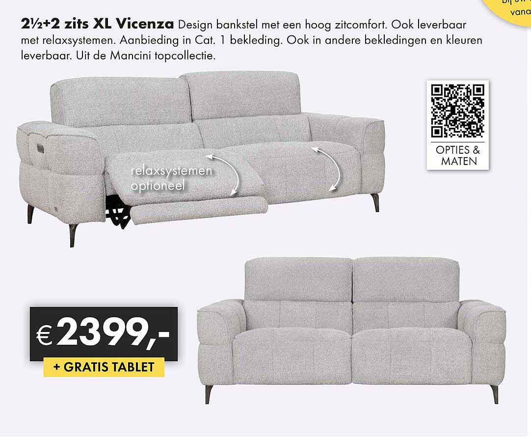 2½+2 zits XL Vicenza Design bankstel met een hoog zitcomfort