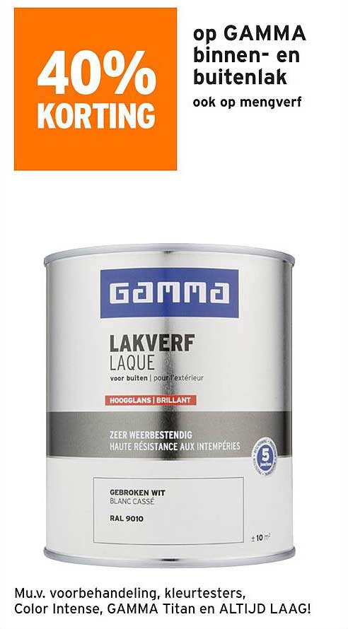40% KORTING op GAMMA binnen- en buitenlak ook op mengverf
