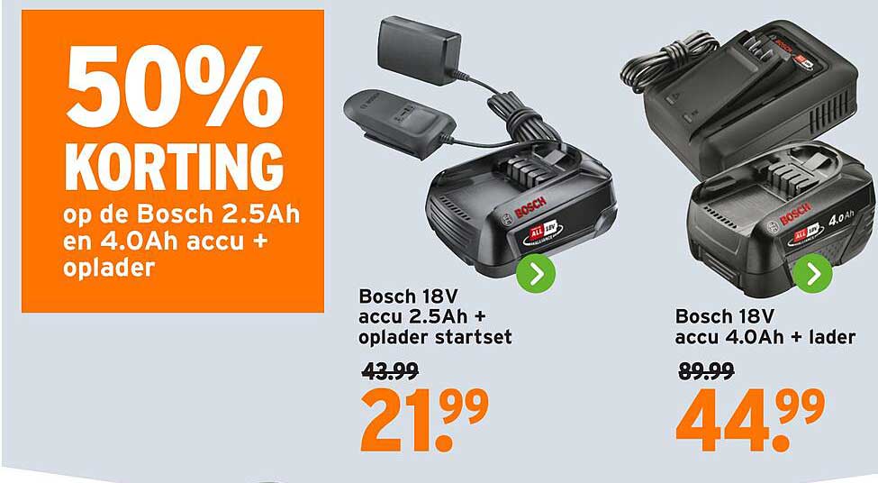 50% KORTING op de Bosch 2.5Ah en 4.0Ah accu + oplader