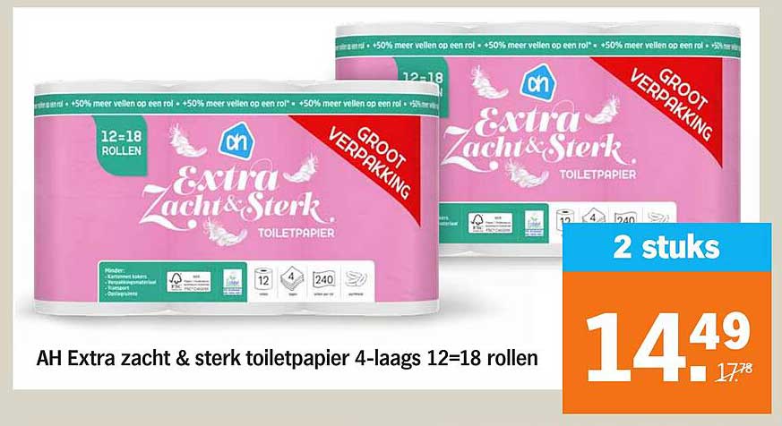 AH Extra zacht & sterk toiletpapier 4-laags 12=18 rollen