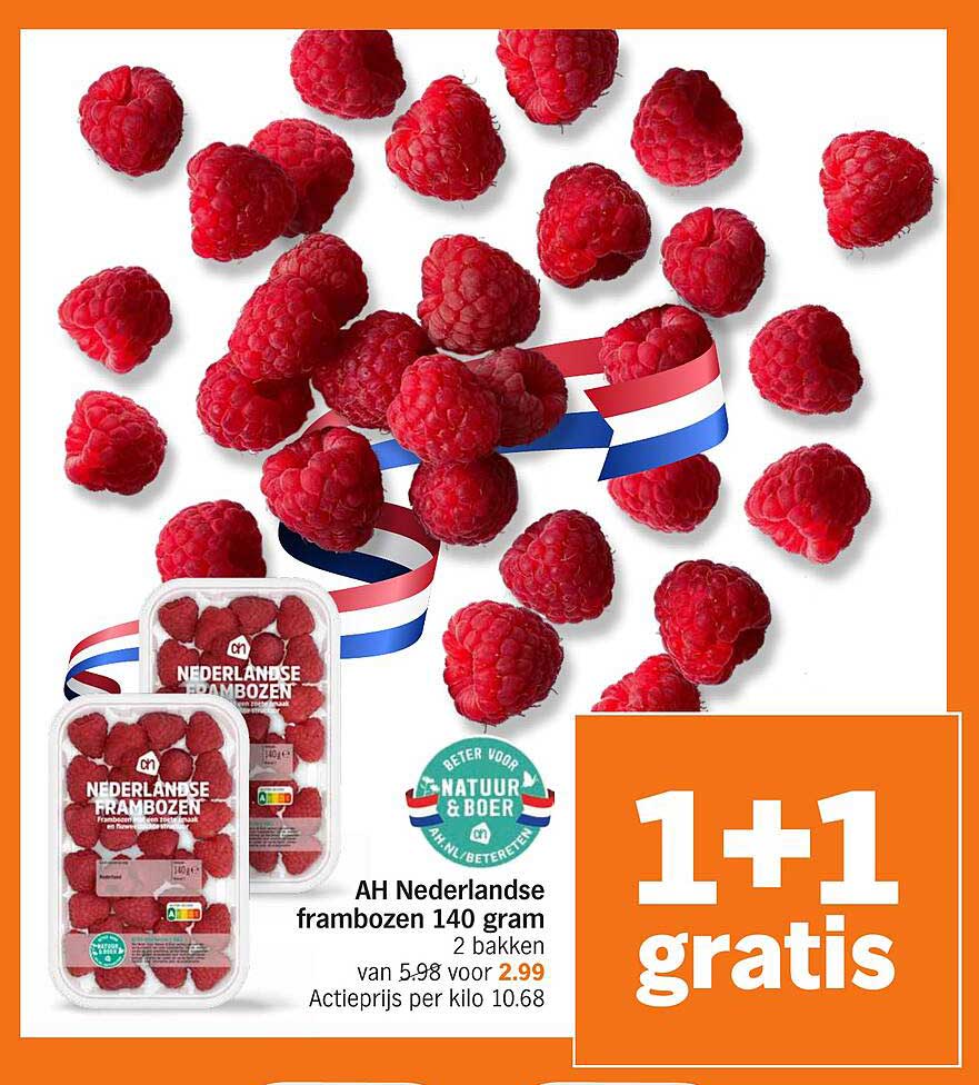 AH Nederlandse frambozen 140 gram 2 bakken 1+1 gratis