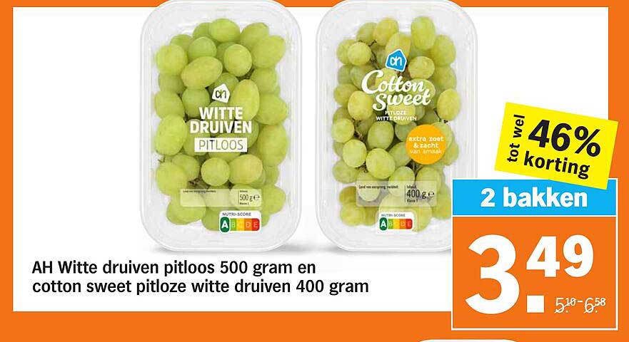 AH Witte druiven pitloos 500 gram en cotton sweet pitloze witte druiven 400 gram