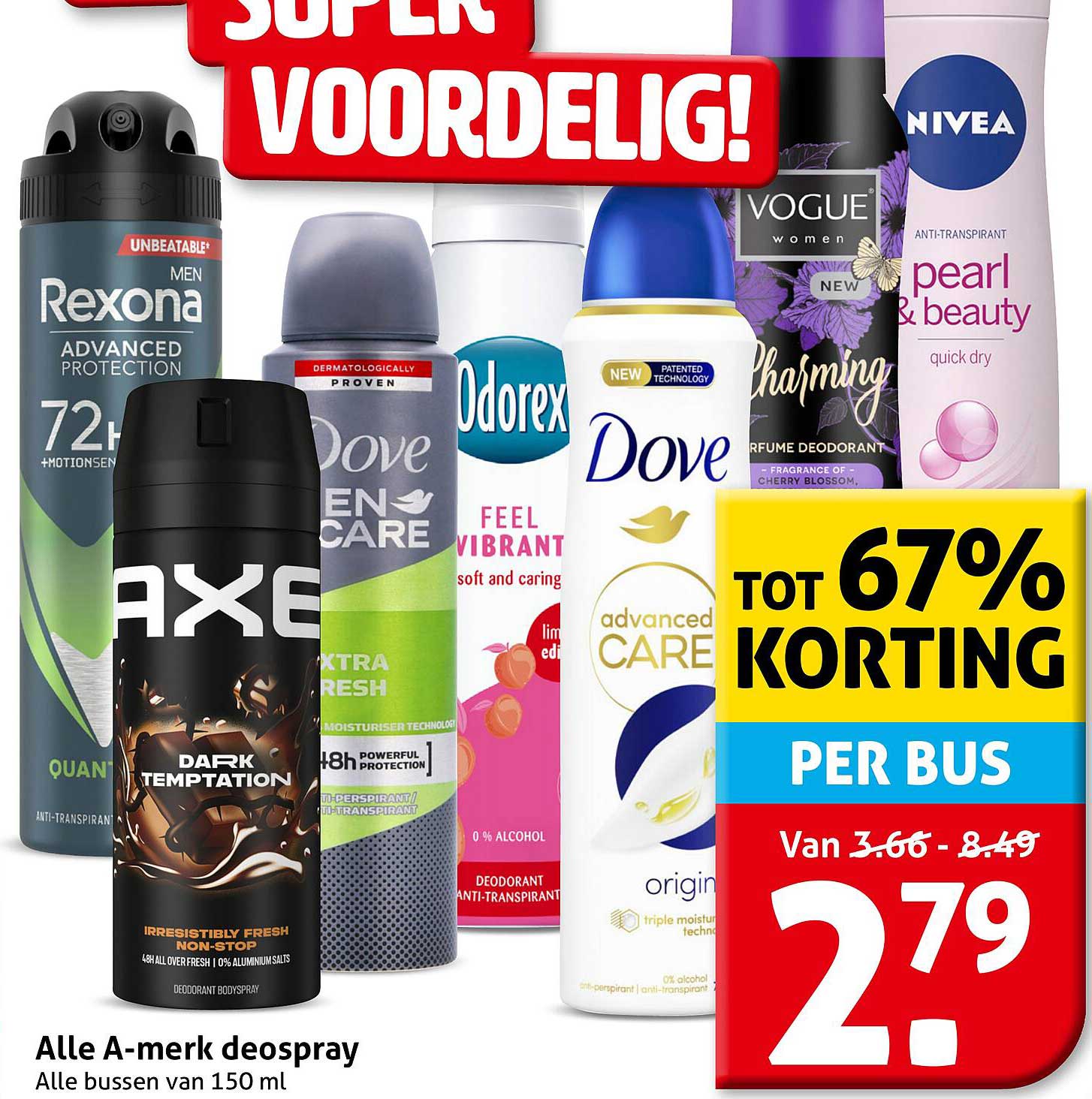 Alle A-merk deospray, Alle bussen van 150 ml, tot 67% korting
