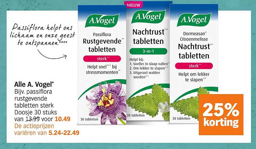 Alle A. Vogel* Bijv. passiflora rustgevende tabletten sterk Doosje 30 stuks van 13.99 voor 10.49