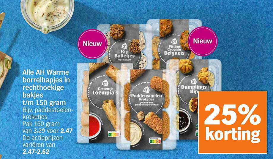 Alle AH Warme borrelhapjes in rechthoekige bakjes t/m 150 gram