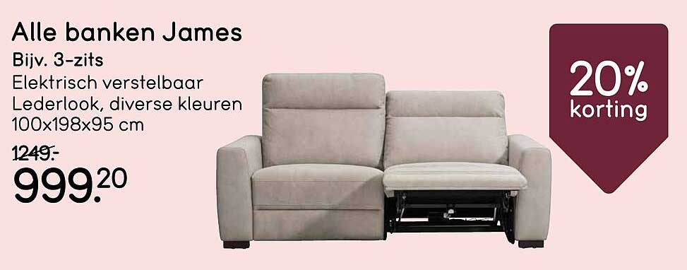Alle banken James Bijv. 3-zits Elektrisch verstelbaar Lederlook, diverse kleuren 100x198x95 cm