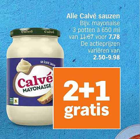 Alle Calvé sauzen Blijf: mayonaise 3 potten à 650 ml van 11,67 voor 7,78