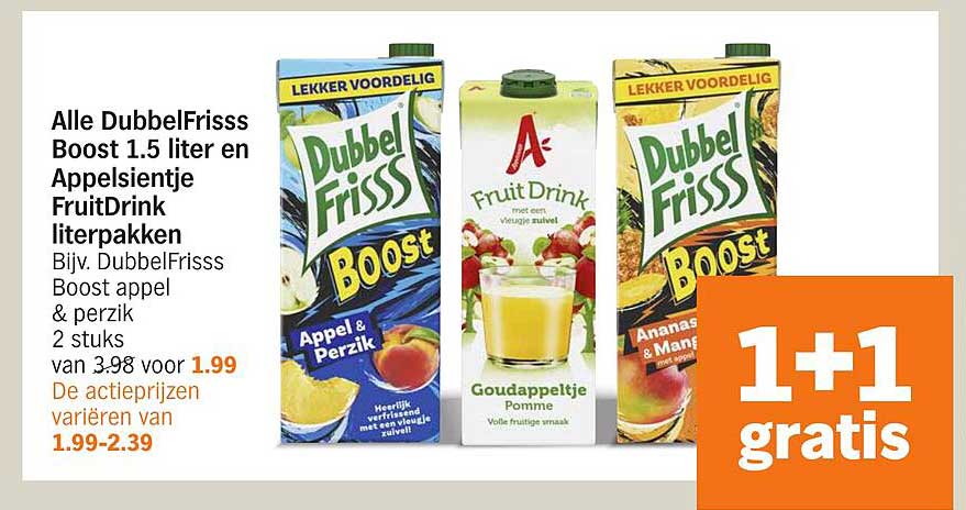 Alle DubbelFrisss Boost 1.5 liter en Appelsientje FruitDrink literpakken