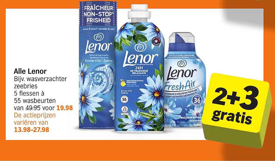 Alle Lenor Bijv. wasverzachter zeebries 5 flessen à 55 wasbeurten van 49,95 voor 19,98