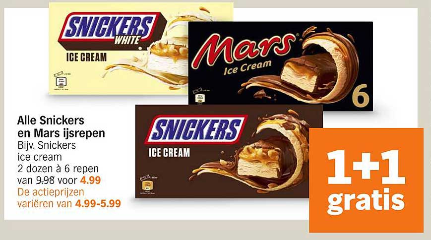 Alle Snickers en Mars ijsrepen Bijv. Snickers ice cream 2 dozen à 6 repen van 9,98 voor 4,99