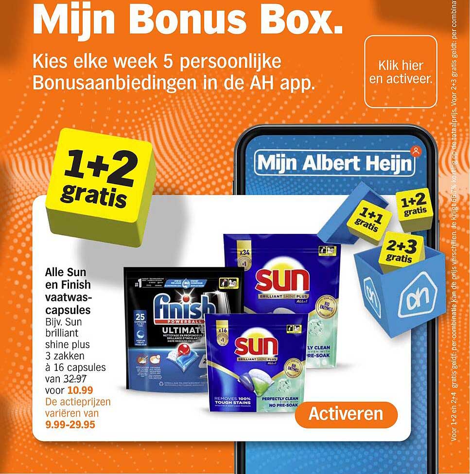 Alle Sun en Finish vaatwascapsules 1+2 gratis
