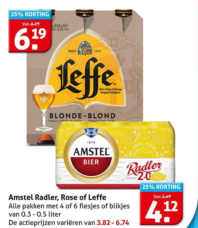 Amstel Radler, Rose of Leffe - Alle pakken met 4 of 6 flesjes of blikjes van 0.3 - 0.5 liter
