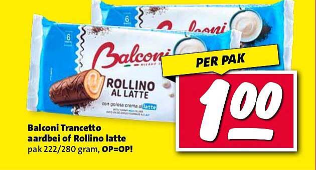 Balconi Trancetto aarbei of Rollino latte pak 222/280 gram, OP=OP!