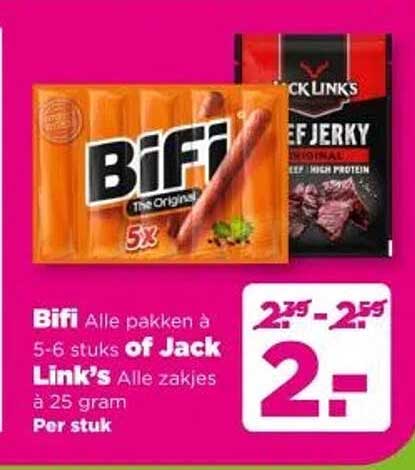 Bifi Alle pakken à 5-6 stuks of Jack Link's Alle zakjes à 25 gram