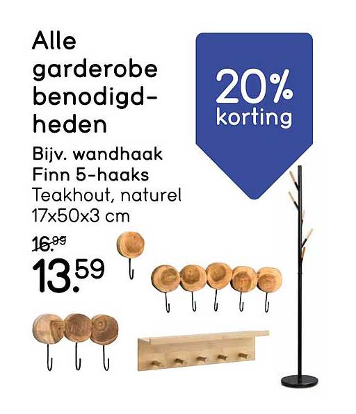 Bijv. wandhaak Finn 5-haaks Teakhout, naturel 17x50x3 cm
