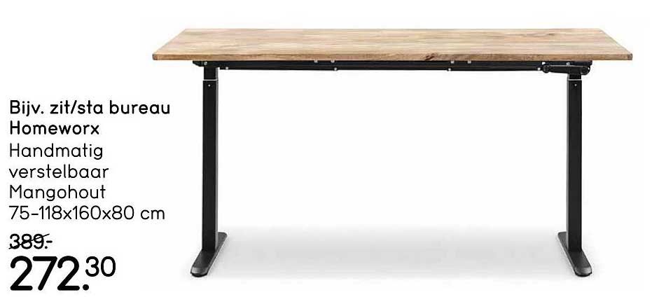 Bijv. zit/sta bureau Homeworx Handmatig verstelbaar Mango hout 75-118x160x80 cm