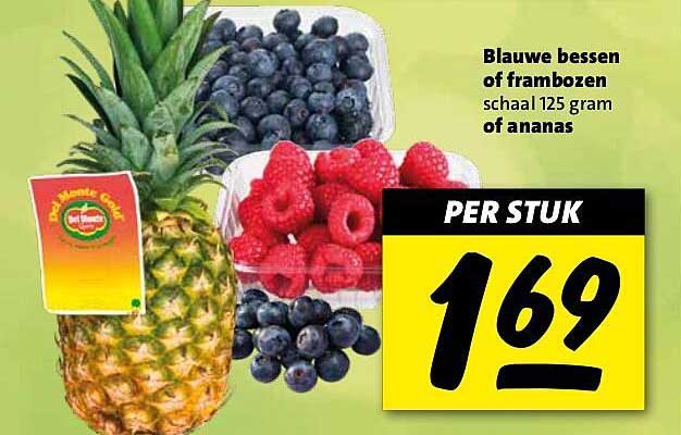 Blauwe bessen of frambozen schaal 125 gram of ananas