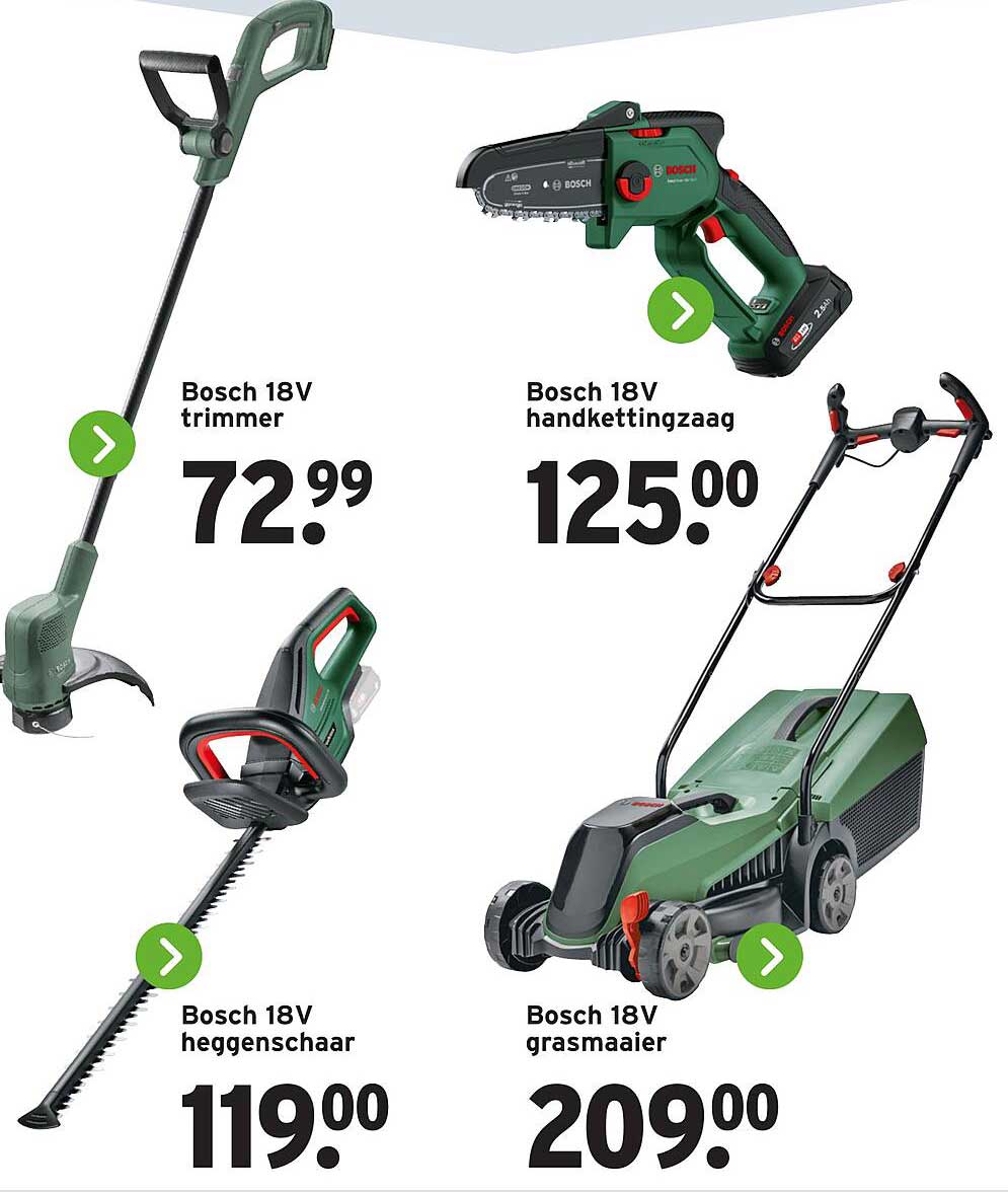 Bosch 18V trimmer, handkettingzaag, heggenschaar en grasmaaier