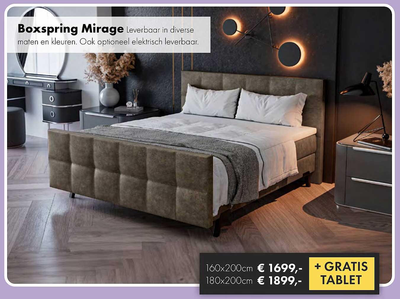 Boxspring Mirage Leverbaar in diverse maten en kleuren. Ook optie elektrisch leverbaar.