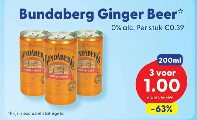 Bundaberg Ginger Beer 0% alc. Per stuk €0.39