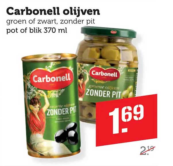 Carbonell olijven groen of zwart, zonder pit pot of blik 370 ml