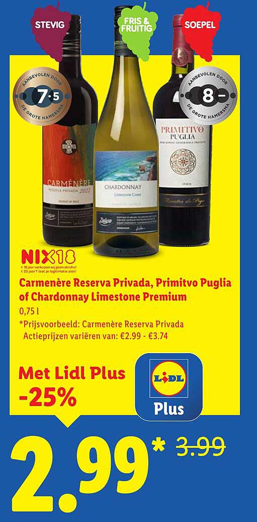 Carmenère Reserva Privada, Primitvo Puglia of Chardonnay Limestone Premium