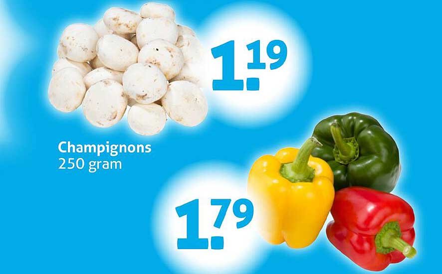 Champignons 250 gram voor €1,19 en Paprika's voor €1,79