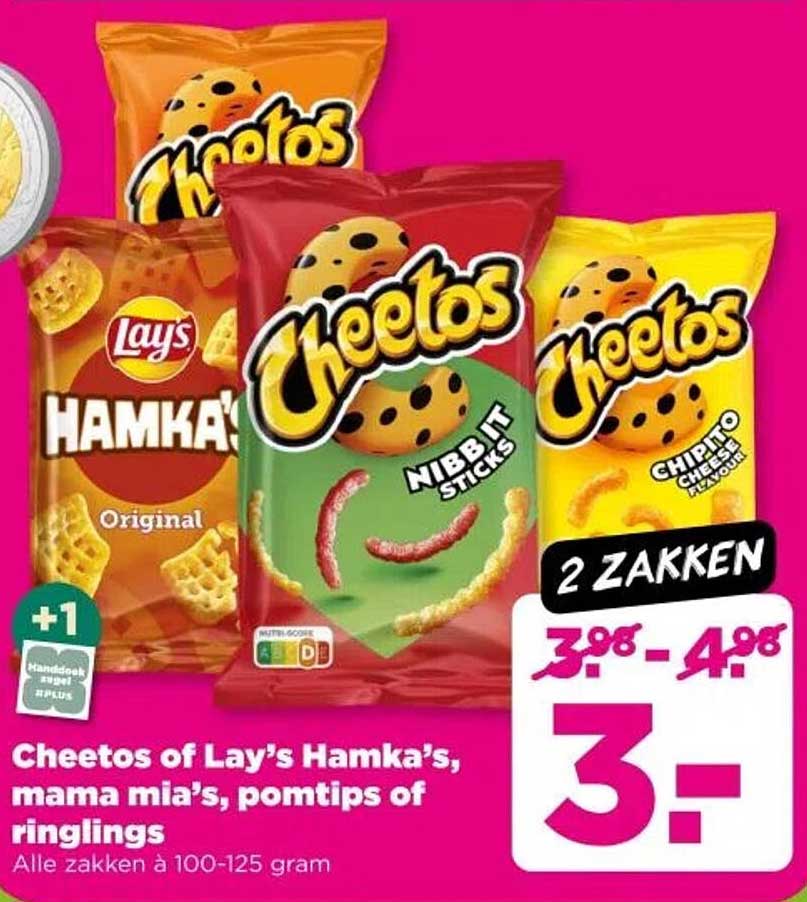 Cheetos of Lay's Hamka's, mama mia's, pomtips of ringlings