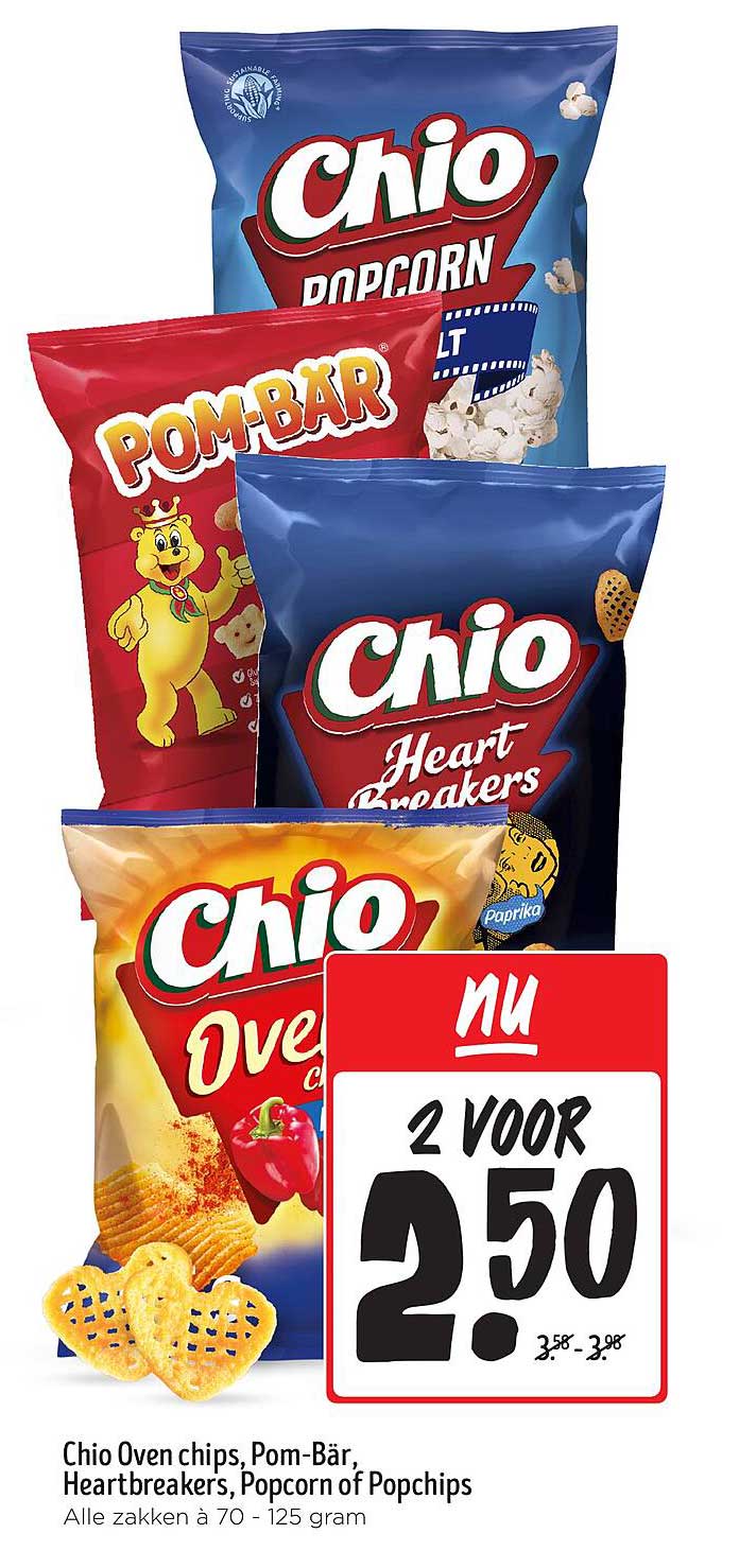 Chio Oven chips, Pom-Bär, Heartbreakers, Popcorn of Popchips, 2 voor 2.50