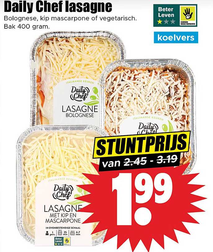 Daily Chef lasagne Bolognese, kip mascarpone of vegetarisch. Bak 400 gram.