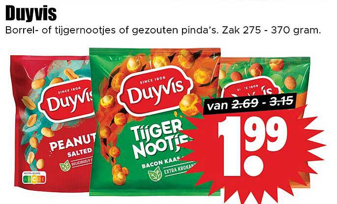 Duyvis Borrel- of tijgernootjes of gezouten pinda’s. Zak 275 - 370 gram.