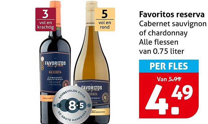 Favoritos reserva Cabernet sauvignon of chardonnay Alle flessen van 0.75 liter