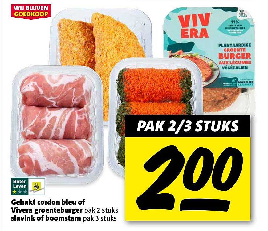 Gehakt cordon bleu of Vivera groenteburger pak 2 stuks slavink of boomstam pak 3 stuks