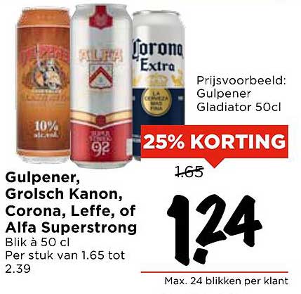 Gulpener, Grolsch Kanon, Corona, Leffe, of Alfa Superstrong