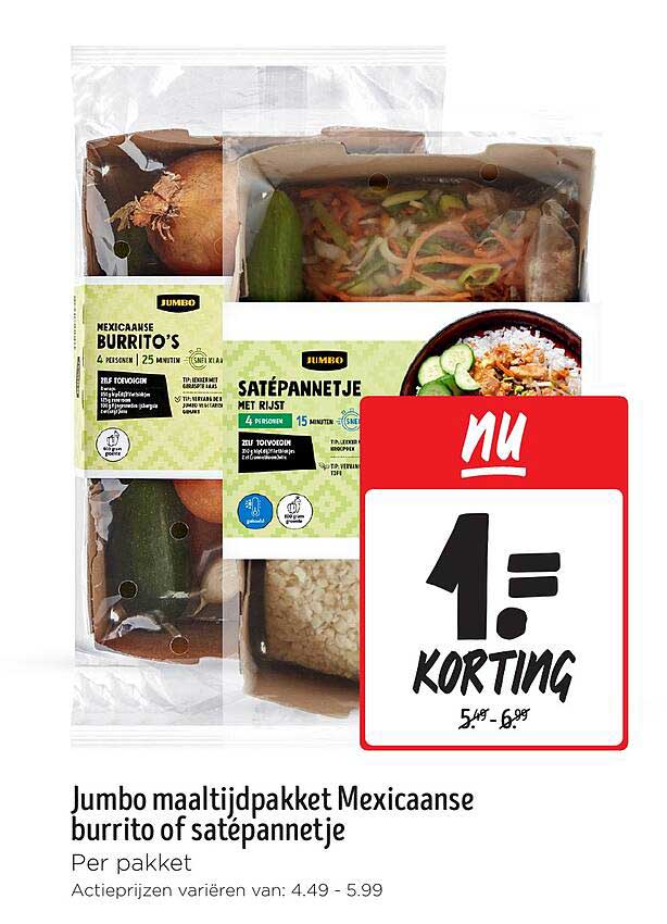 Jumbo maaltijdpakket Mexicaanse burrito of satépannetje