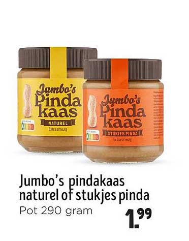 Jumbo's pindakaas naturel of stukjes pinda