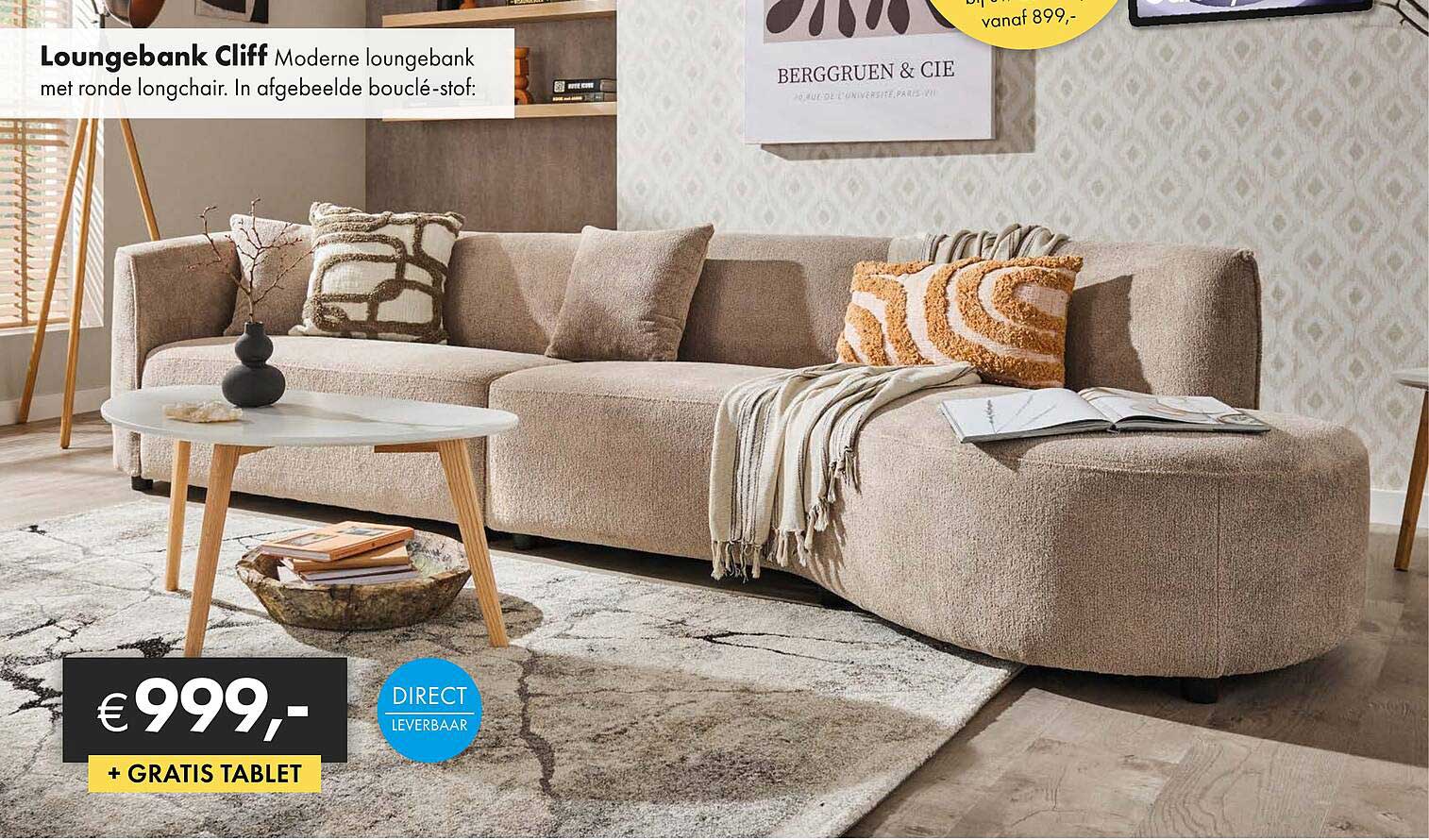 Loungebank Cliff Moderne loungebank met ronde longchair. In afgebeelde bouclé-stof: