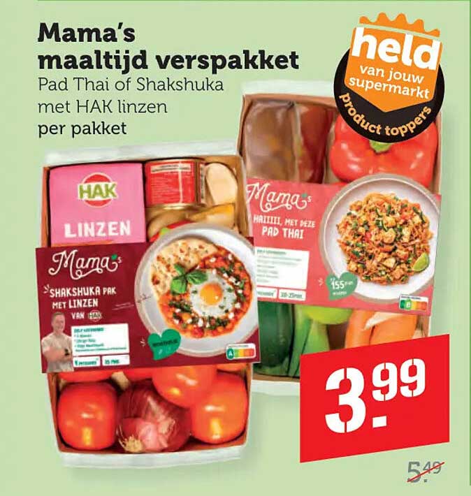 Mama's maaltijd verspakket Pad Thai of Shakshuka met HAK linzen per pakket