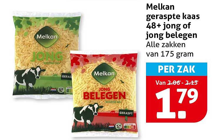 Melkan geraspte kaas 48+ jong of jong belegen 175 gram