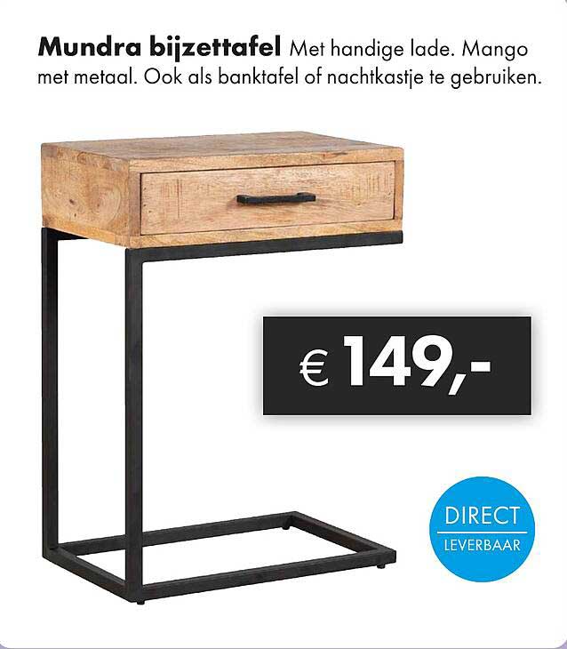 Mundra bijzettafel Met handige lade. Mango met metaal. Ook als banktafel of nachtkastje te gebruiken.