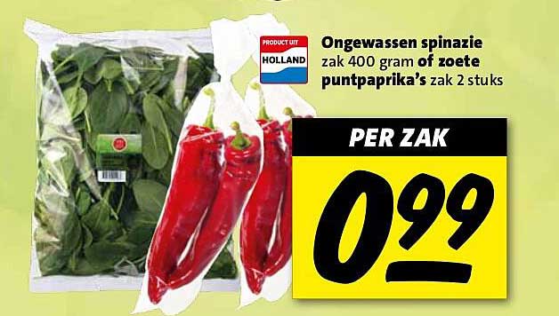 Ongewassen spinazie zak 400 gram of zoete puntpaprika's zak 2 stuks