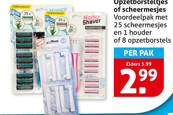 Opzetborsteltjes of scheermesjes Voordeelpak met 25 scheermesjes en 1 houder of 8 opzetborstels